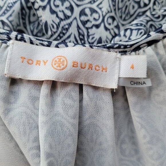 Tory Burch Stretch Silk Keyhole Neck Blue Metallic Long Sleeve Blouse Size 4 - Picture 11 of 12